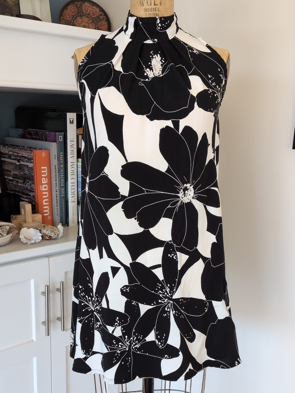 Black and White Floral Halter Mini Dress